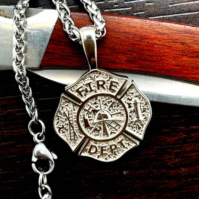 925 Sterling Silver Fire Rescue Solid Firefighter Badge Pendant Necklace